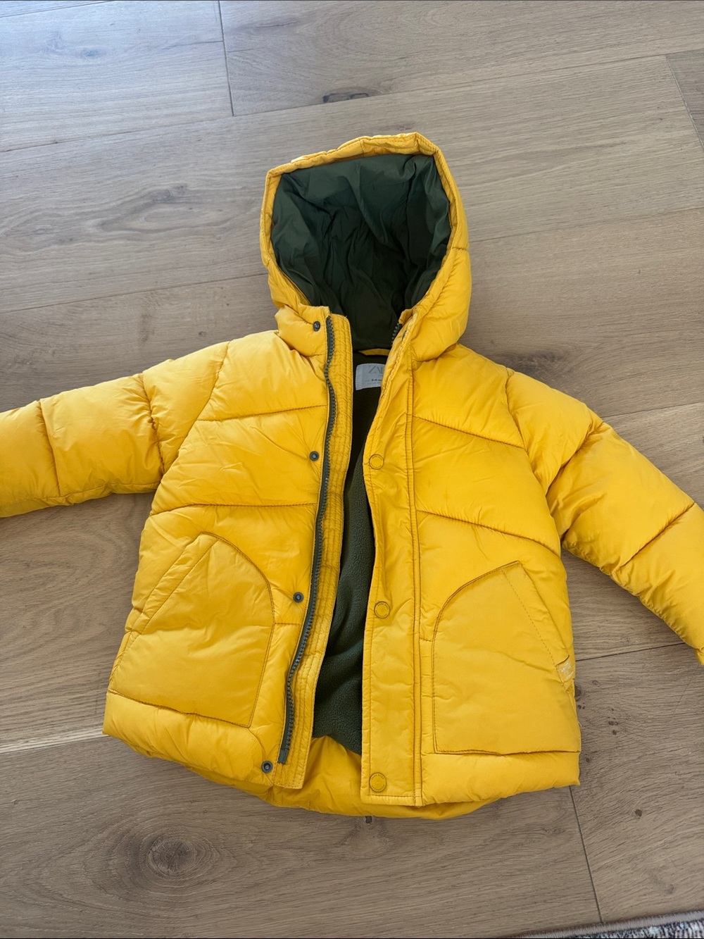 Zara Bright Yellow Puffer Jacket with Olive Lining